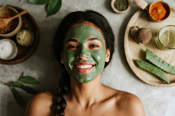 Radiant Black Woman Smiling with Green Clay Mask, Surrounded by Ayurvedic Skincare Ingredients like Neem, Aloe Vera, and Sandalwood on Natural Textured Background