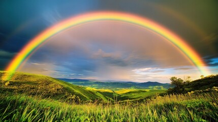 Obraz premium Rainbow over rolling hills