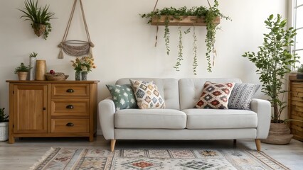 Stylish Living Room with Neutral Sofa, Wooden Cabinet, and Plants for a Relaxing Atmosphere