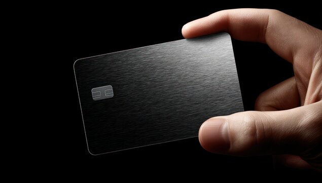 Dark card held by hand, microchip visible. Brushed metal texture, against black background, conveying sleekness and financial power. Minimalist composition