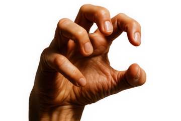 A close-up of a male hand, displaying a claw-like gesture against a black background, highlighting its expressive features.