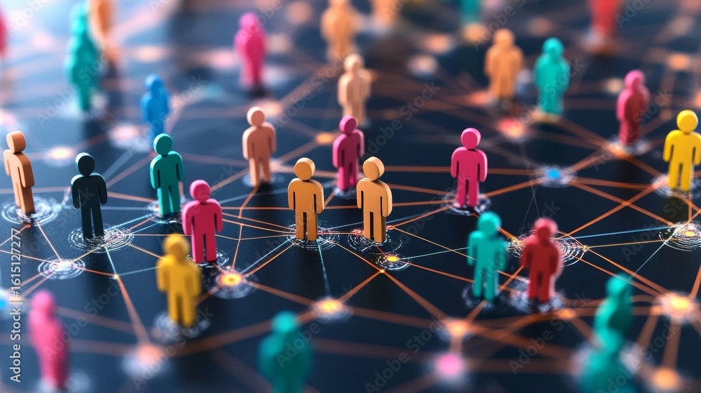 Poster colorful figurines representing connectivity and diversity in a networking environment concept