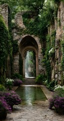 Fototapeta premium Ancient stone arch pathway leading to waterfall in lush forest