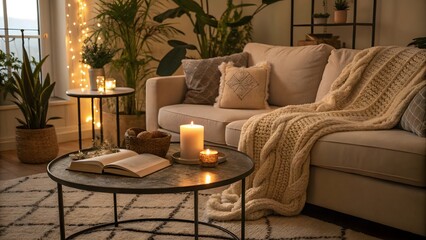 Warm and Inviting Living Room with Beige Sofa, Cozy Blanket, and Ambient Candle Lighting