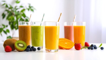 Fototapeta premium Vibrant fruit smoothies in glasses with straws, kiwi, orange, strawberries and blueberries on a white table