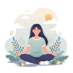 Woman meditating in lotus position outdoors surrounded by plants, under a sunny sky.