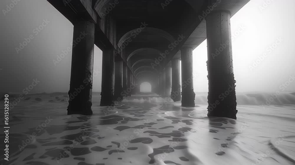 Poster light filtering through a pier with waves crashing in a foggy coastal setting