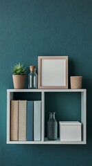 Styled white bookshelf with books, frame, vases, and succulent against textured wall