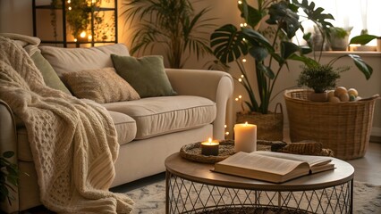Serene Living Room with Beige Sofa, Soft Blanket, and Ambient Lighting for Relaxation