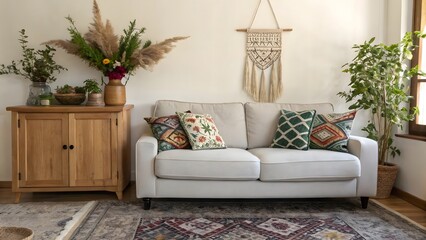 Bright Living Room with Beige Sofa, Wooden Cabinet, and Botanical Accents for Relaxation