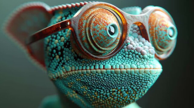 Unique turquoise chameleon wearing round glasses poses with an inquisitive expression