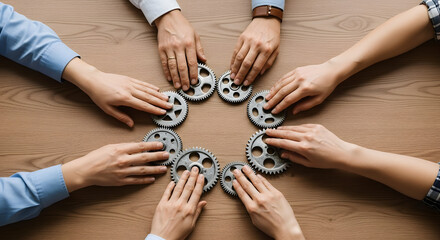 Overhead view of diverse hands holding gears, forming a circle, symbolizing teamwork and collaboration.
