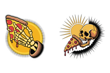 Skeleton hand holding pizza slice skull sun pepperoni