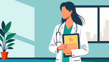 Woman doctor holding a certificate while standing in a clinic