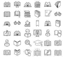 Vector art of a diverse collection of line art icons representing books, reading, and education
