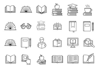 Vector art of a collection of line art icons representing various aspects of reading and education