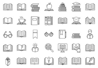 Vector art of a collection of diverse line art icons representing various aspects of reading and education