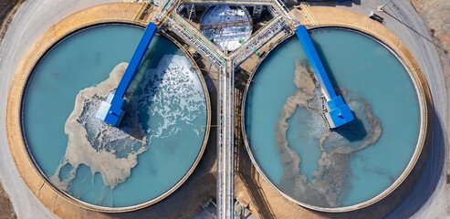 Aerial top view water treatment facility at copper mine factory and processing plant