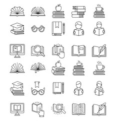 Vector art of a collection of diverse icons representing various aspects of reading and education, including books, graduation caps, and coffee cups