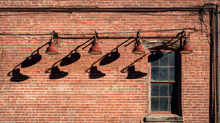 Industrial-style wall featuring exposed brick and metal accents with directional lighting.