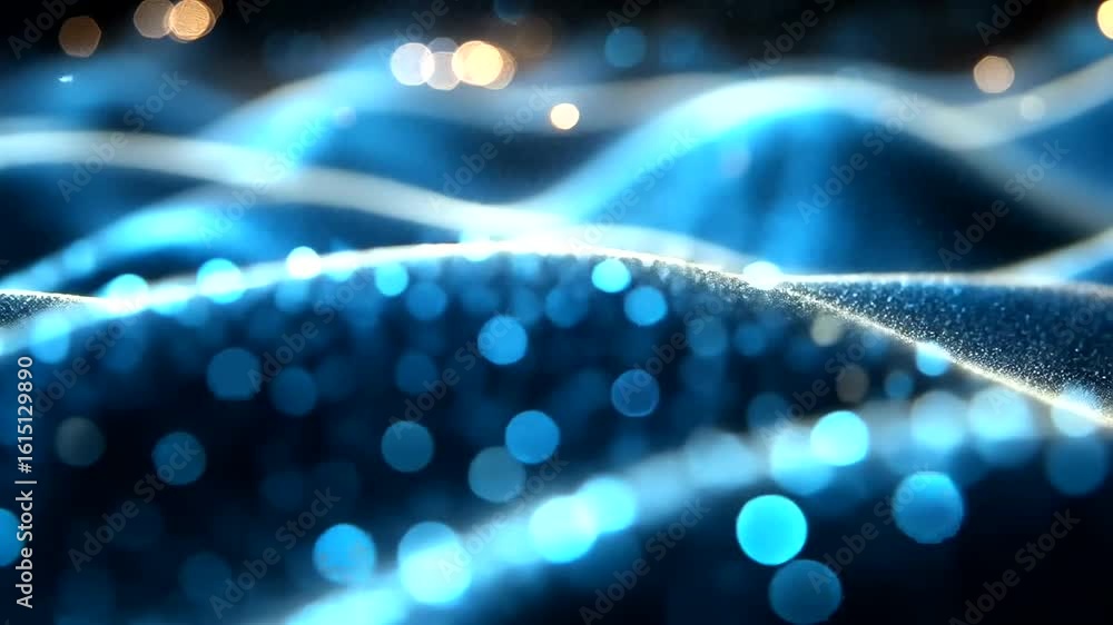 Poster abstract blue sparkling waves with bokeh lights background animation