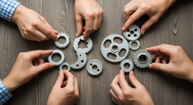 Teamwork assembling gears, a collaborative effort on a wooden surface.