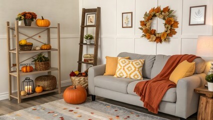 Cozy Fall Interior with Gray Sofa, Pumpkins, and Wooden Shelves in a Brightly Lit Room