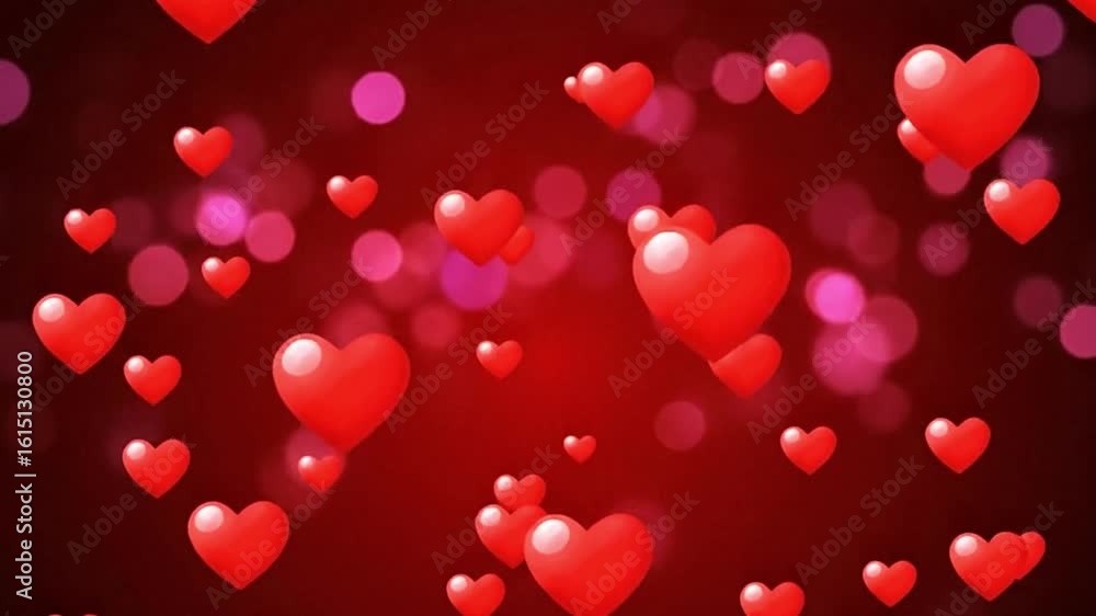Poster red hearts float against a dark red backdrop with pink bokeh