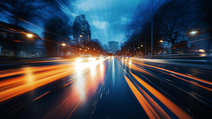 Obraz premium light tracks, headlights blurred at speed on the road, abstract background of transport in the city