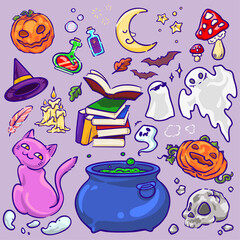 Magical witch halloween element collection on violet background