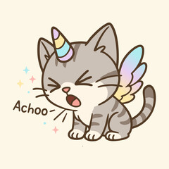 Obraz premium A line illustration of a cute unicorn cat sneezing with pastel-colored wings