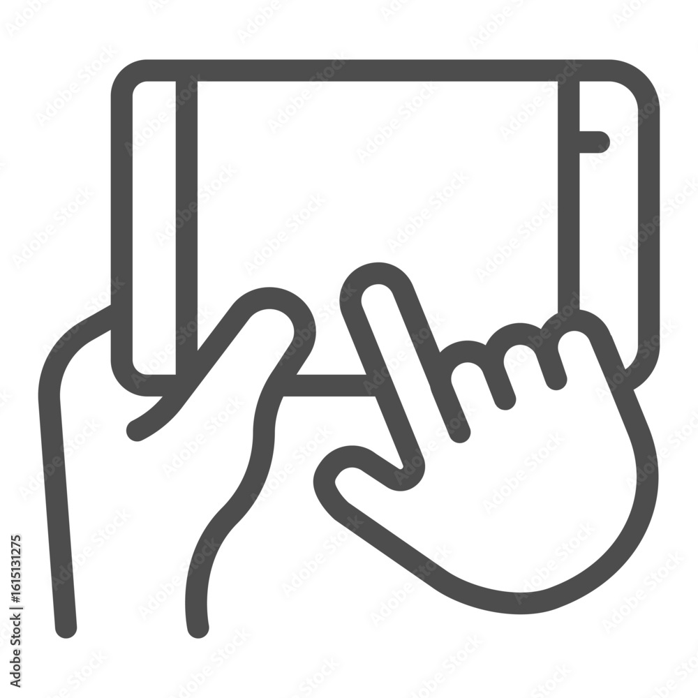 Poster smartphone horizontally in hand line icon, using gadget concept, touchscreen phone with index finger