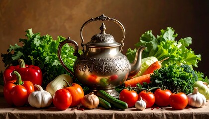 Still life of ornate metal teapot among colorful vegetables