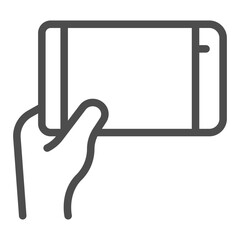 Touchscreen phone, held horizontally line icon, using mobile phone concept, smartphone in hand sign on white background, outline style icon for mobile and web design. Vector graphics.