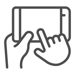 Smartphone horizontally in hand line icon, using gadget concept, touchscreen phone with index finger sign on white background, outline style icon for mobile and web design. Vector graphics.