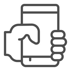 Hand hold smartphone upright line icon, using digital gadget concept, touchscreen mobile phone sign on white background, outline style icon for mobile and web design. Vector graphics.