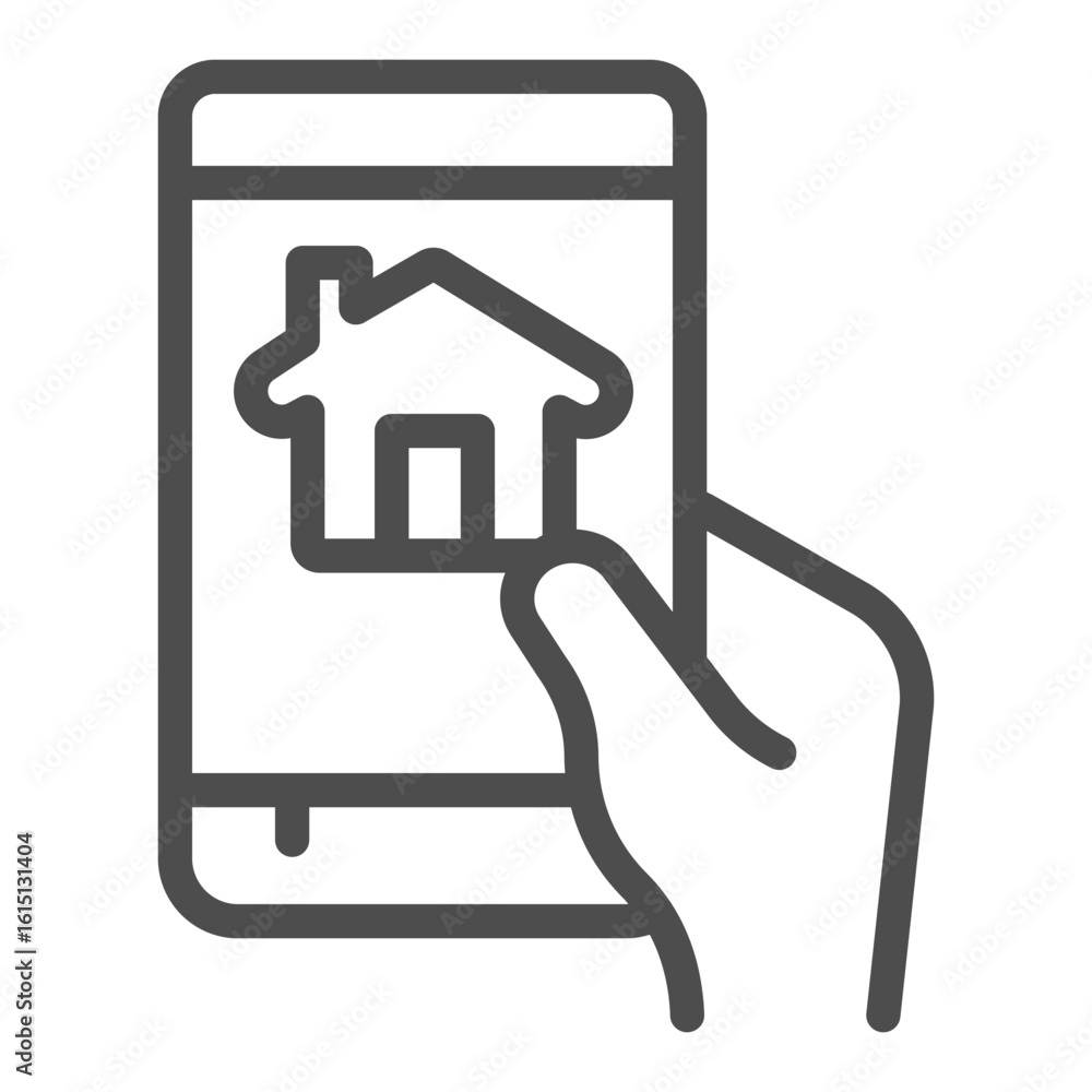 Aufkleber touchscreen phone, smart home app line icon, using smartphone application concept, device in hand si