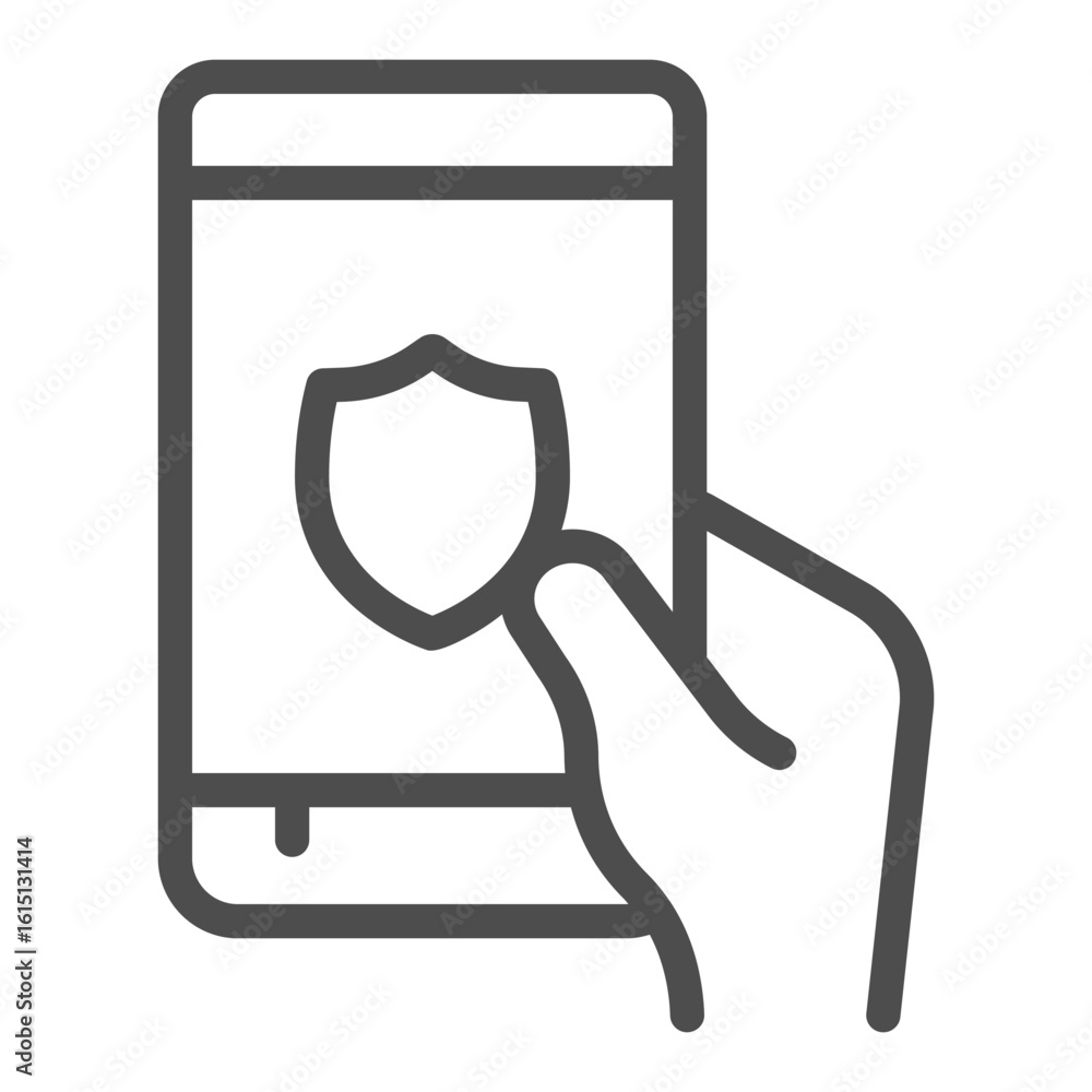 Poster touchscreen smartphone with firewall app line icon, using phone application concept, mobile app sign