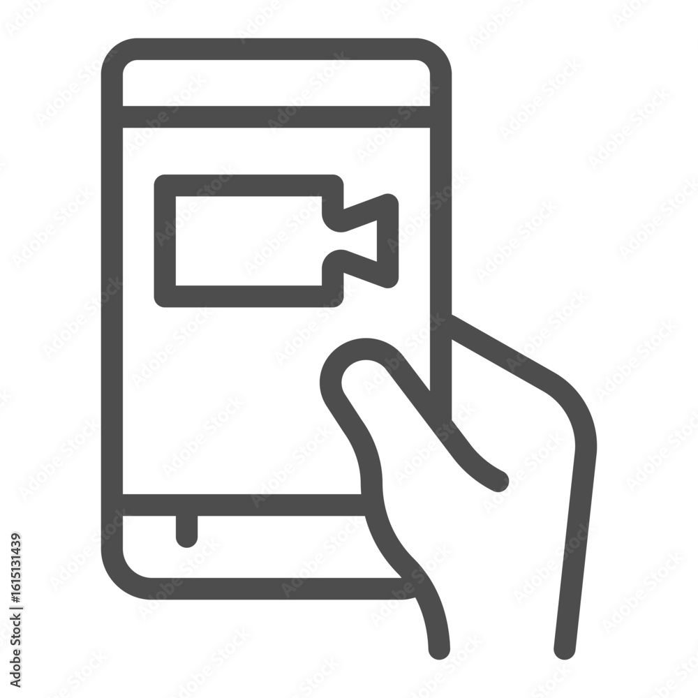 Aufkleber smartphone with camera app in hand line icon, using phone video app concept, touchscreen phone sign 
