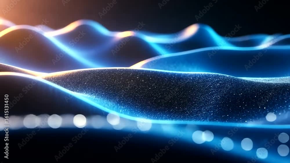 Poster abstract blue wavy background with shiny particles, dynamic flowing elements