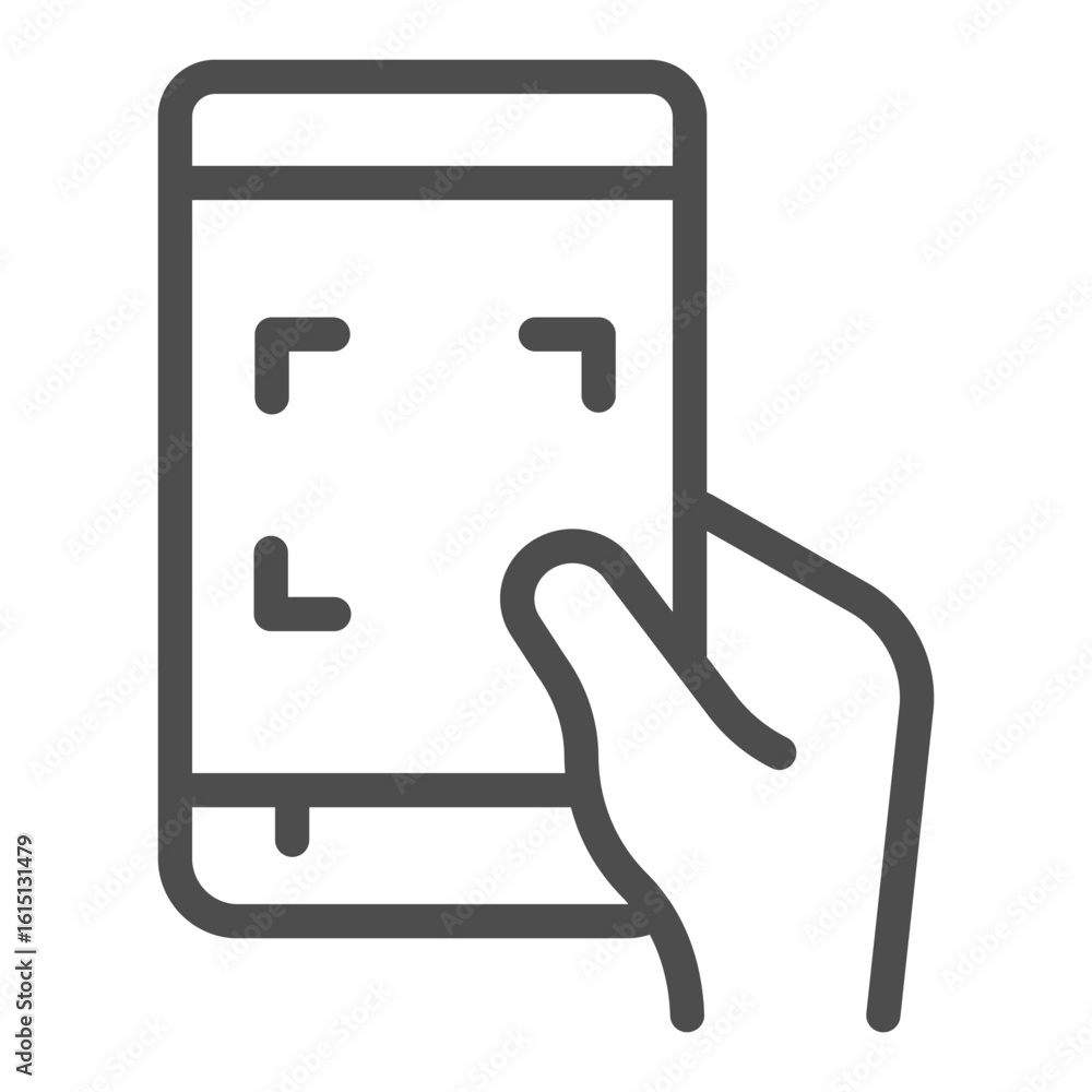 Poster mobile phone and qr-code scanning app on screen line icon, touchscreen device concept, smartphone si
