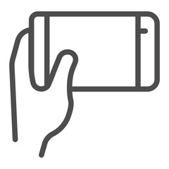 Touchscreen phone held horizontally line icon, using smartphone concept, cellphone straight in hand sign on white background, outline style icon for mobile and web design. Vector graphics.