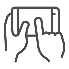 Cellphone held in hand line icon, using smartphone concept, touchscreen mobile phone with finger sign on white background, outline style icon for mobile and web design. Vector graphics.