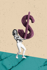 Vertical 3d poster art pop collage of happy businesswoman hold dollar sign usd capital success currency income bonus finance