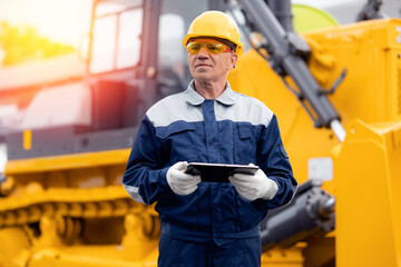 Industrial worker driver builder holds computer tablet on background of excavator