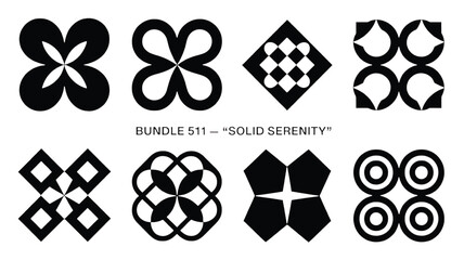Solid Serenity Bundle 511 features a collection of eight unique geometric designs in a black and white aesthetic for creative projects