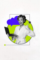 Trend artwork 3D collage design of remote career office job freelancer young woman home style smile...