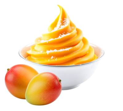 Delicious mango soft serve ice cream in a white bowl with fresh ripe mango fruits