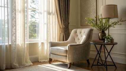 Cozy Armchair by Window with Curtains and Side Table Lamp in Bright Interior Design Setting
