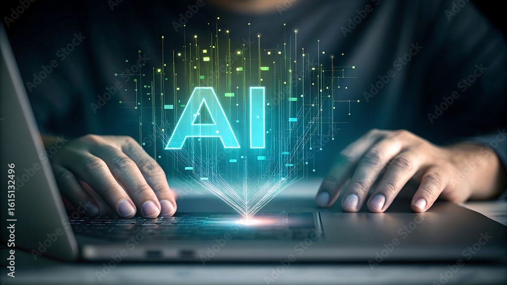 Aufkleber person interacting with a glowing holographic ai interface projected from a laptop keyboard